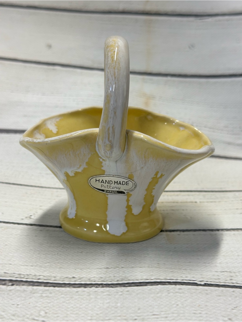 Vintage MCM Handmade Yellow pottery basket, Drip Glaze - Made In Japan - Cottage